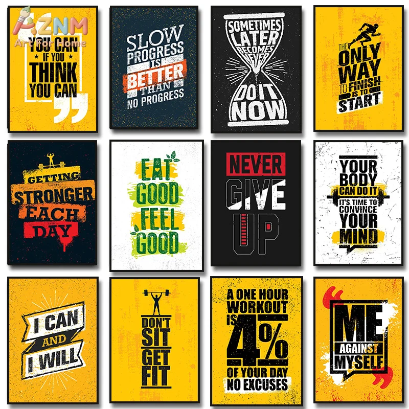AZNM Gym Motivational Quote Canvas Wall Art Fitness Workout Vintage Typography Print Unframed Canvas Painting Home Gym Office De