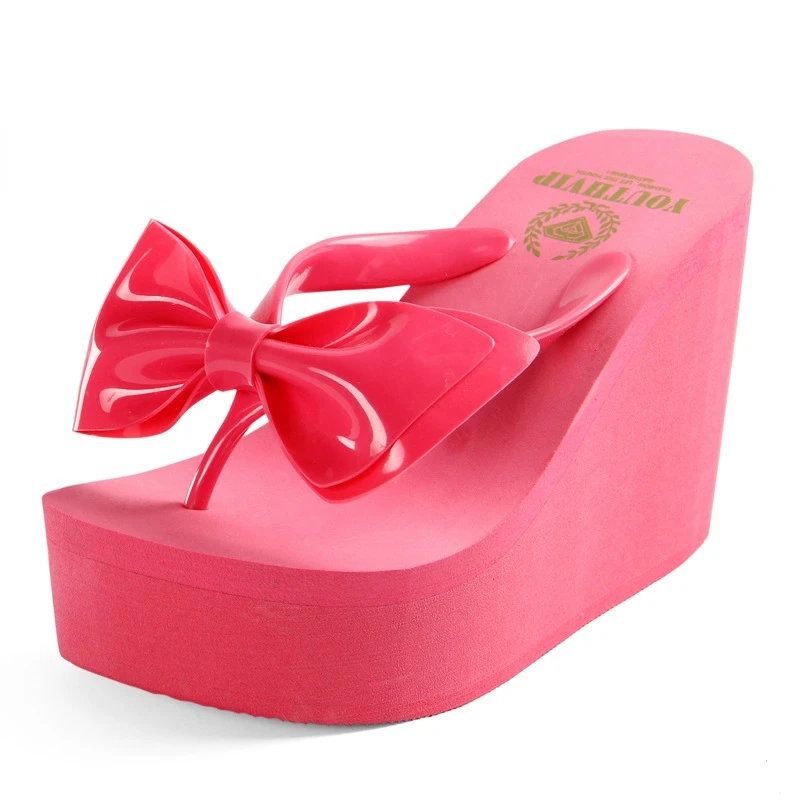 Korean Version Wedge Slippers Women's Bow High Heel 10.5cm Solid Color Flip-flops Travel Beautiful Sexy Women Beach Sandals