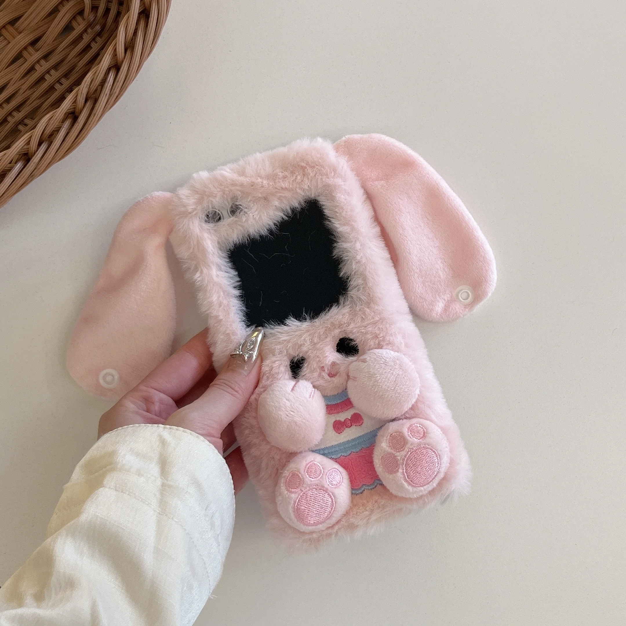 For Vivo X Flip Luxury Plush Cute Long Fur Ear Rabbit Bunny Fold Screen Wrist Chain Phone Case Cover