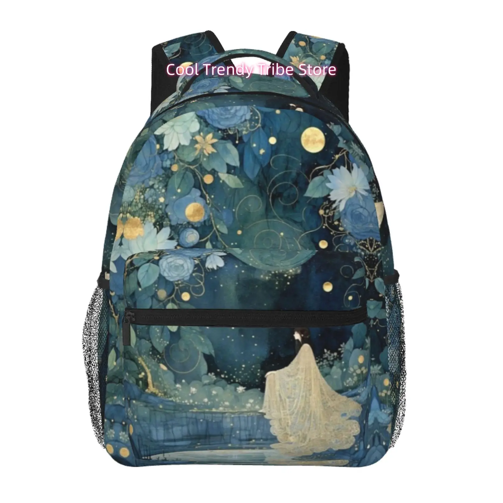 Dark Teal Blue Golden Line Moon Blue Rose Ancient Lady Oriental Watercolor Print Travel Backpack, Large Capacity with Adjustable