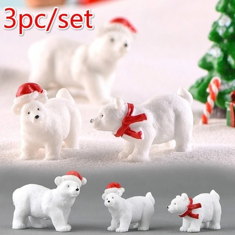 3Pcs Animal Polar Bear Miniature Figurines Christmas DIY Micro Snow Landscape Ornament Household Garden Handcraft Accessories