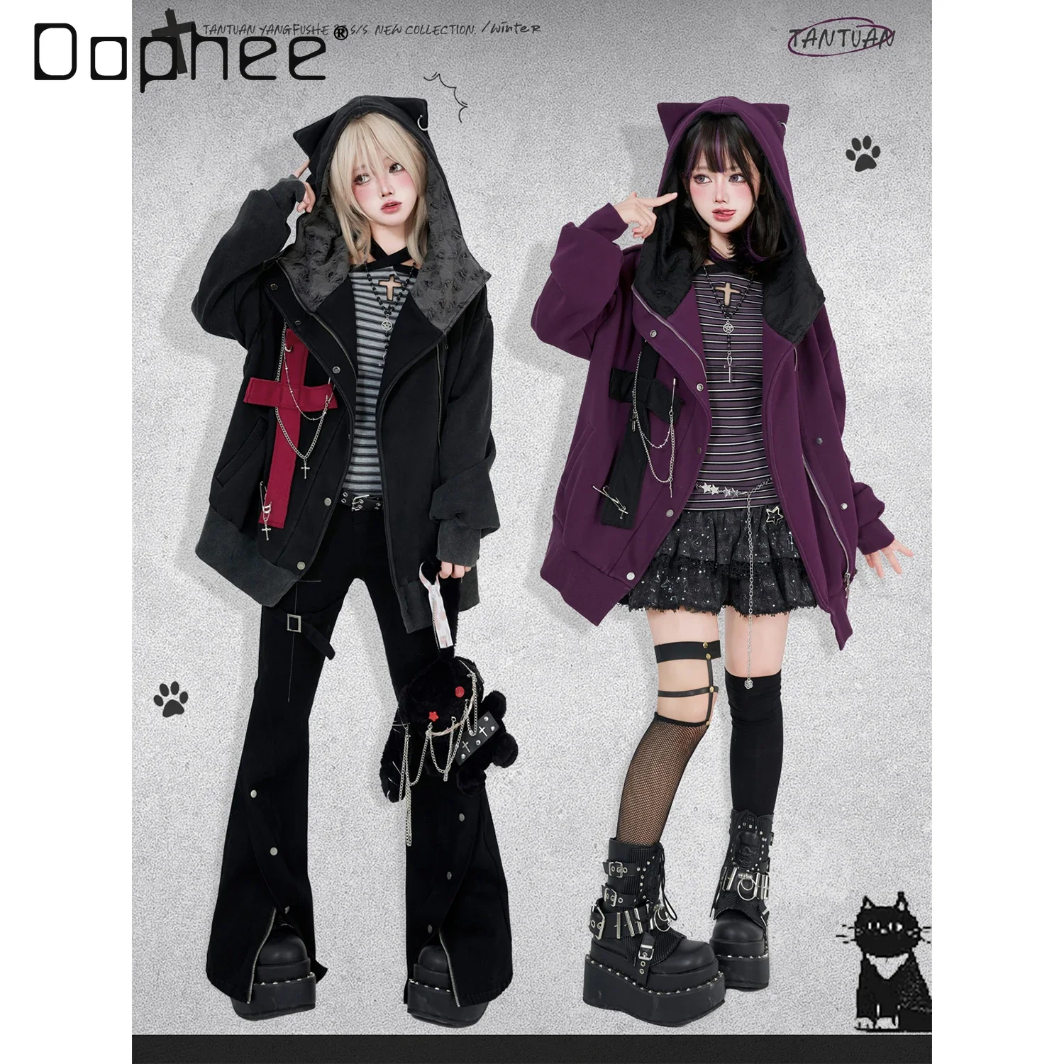 Y2k Chain Cross Hoodies Cat Ear Women Long Sleeve Zipper Jacket Harajuku Sweatshirts Street Fashion Coats Casual Outwear