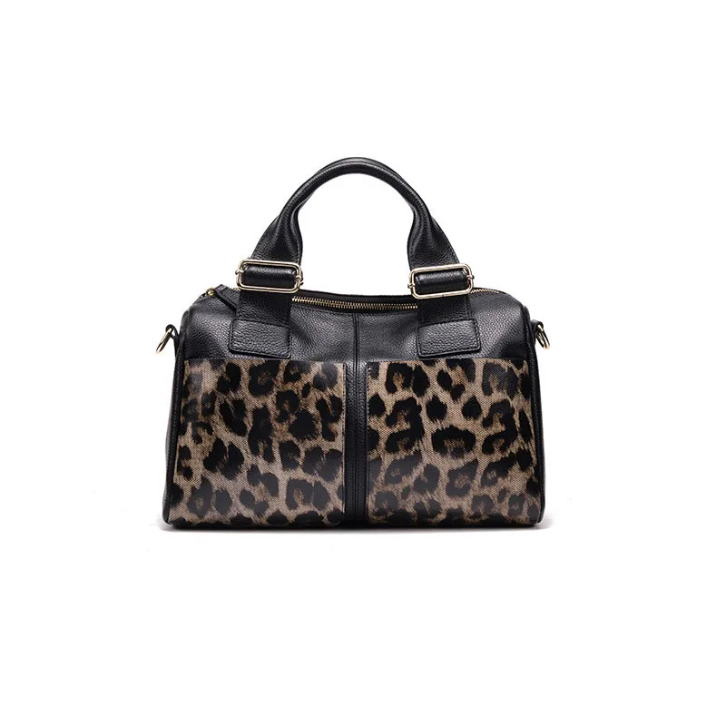 Casual Genuine Leather Handbag Woman Luxury Leopard Pattern Cow Leather Tote Bag Black Ladies Cowhide Shoulder or Crossbody Bags