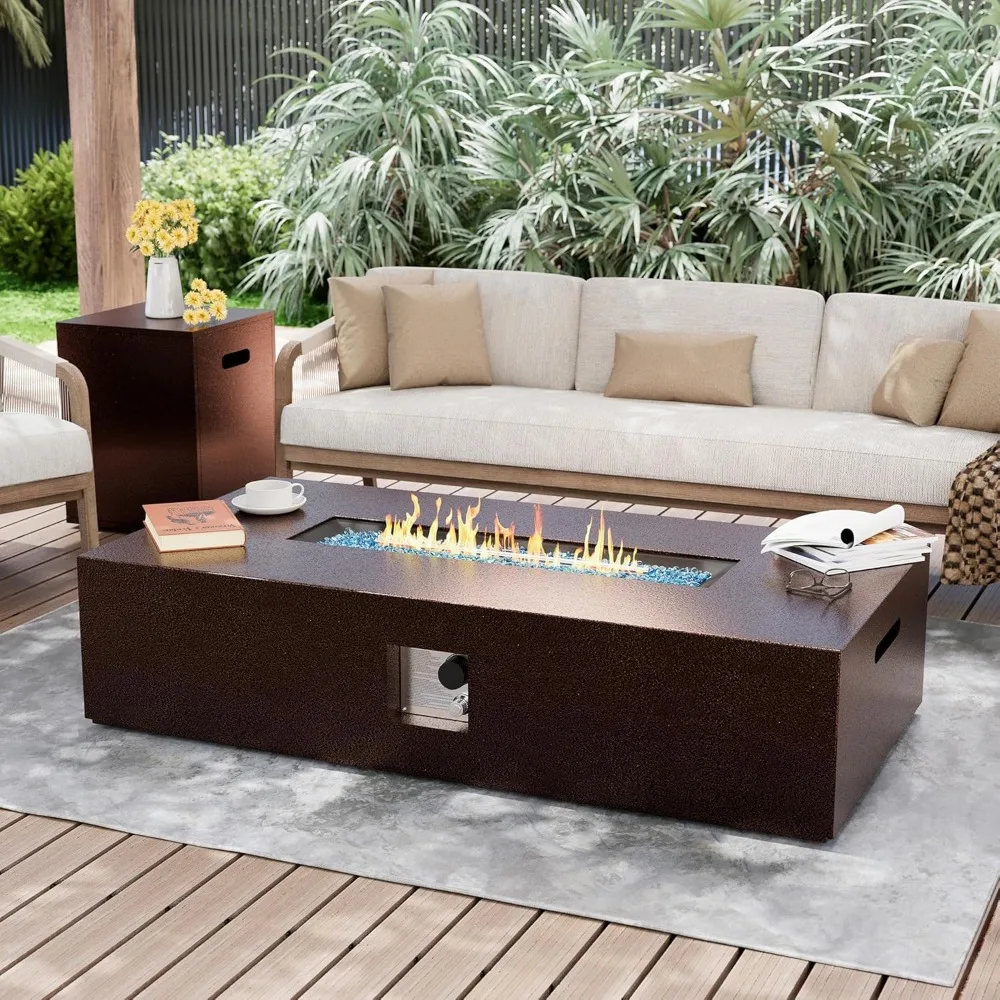 

56 inch Outdoor Gas Rectangle Fire Pit Table 50000 BTU Propane Iron Firepit for Outside Patio with Tank Cover, Removable Lid, B