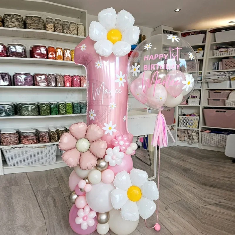 42 Stück Gänseblümchen Macaroon Rosa Latexballons Gänseblümchen-Blumen 1-9 Zahlen-Folienballons Babyparty Geburtstag Party Hintergrund Deko