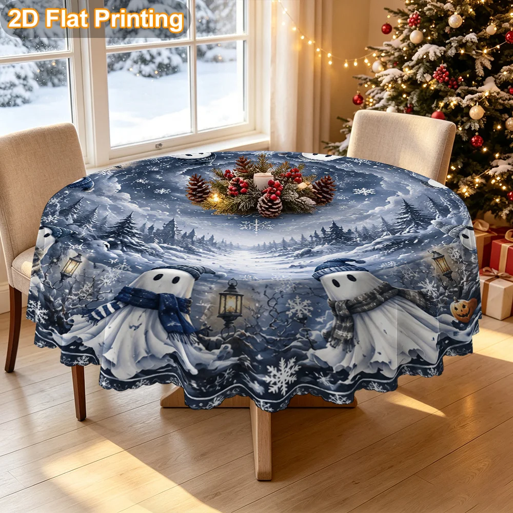 Tablecloth Christmas Gift 2D flat. 1 piece round, suitable for Halloween ghost blizzard scene style tablecloth