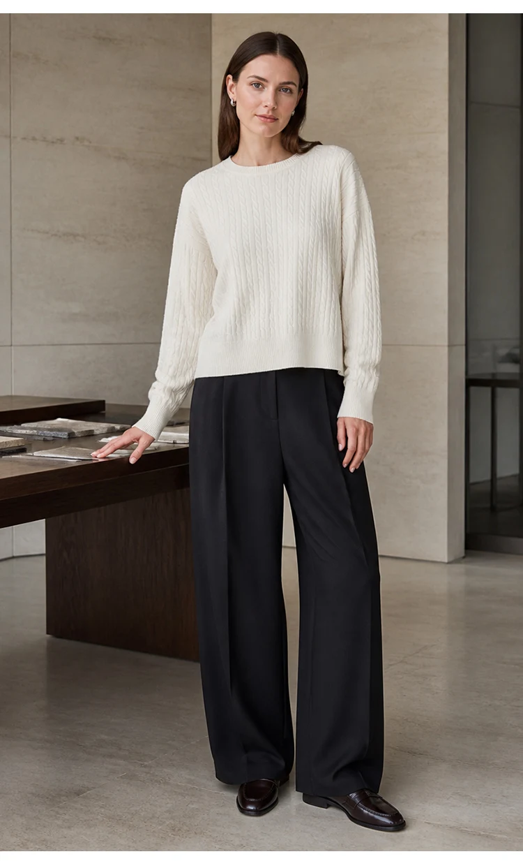 ML62062 Damen Minimalistischer Zopfmuster-Pullover mit Rundhalsausschnitt, Langarm, Modal-Mischung, Weich und Warm, Herbst-Winter-Oberteil – Detail 8
