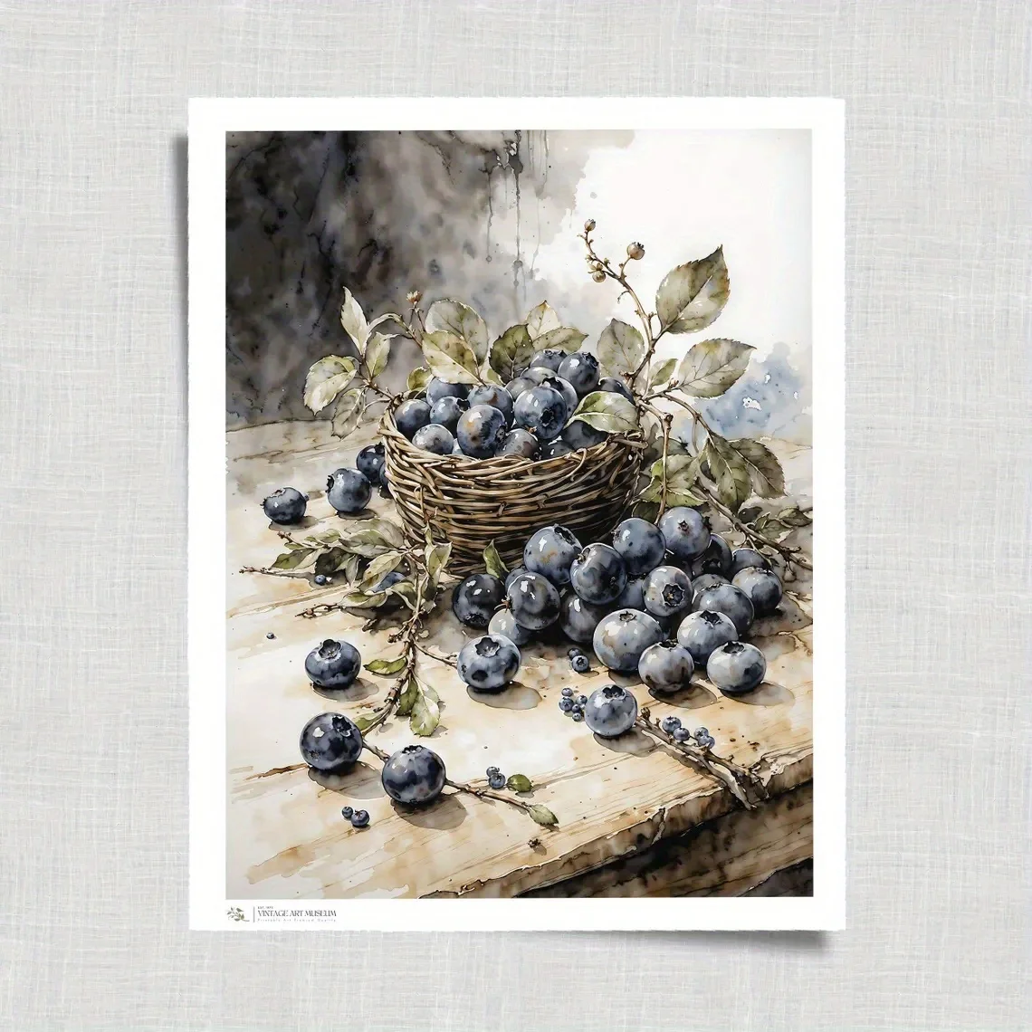 2D Flat, 2D Flat, 1pc Wall Decor Featuring a Vintage Poster of a Blueberry Branch in a Watercolor Style, This Pastel Berry Ca
