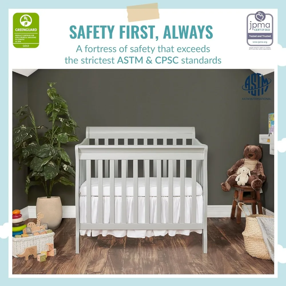 Mini Crib In Grey, Greenguard Gold Certified, Non-Toxic Finish, New Zealand Pinewood, With 3 Mattress Height Settings