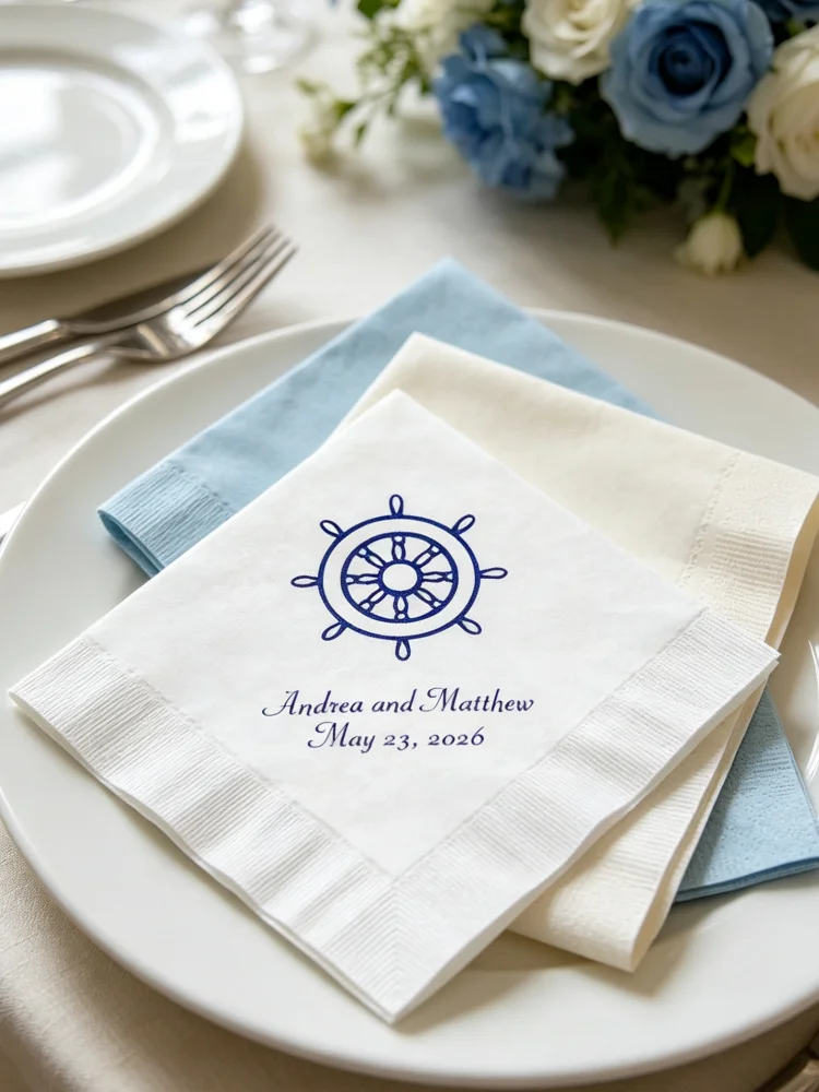 Personalized Nautical Wheel Cocktail Napkins Gold Foil Disposable Paper Napkins Custom Names Coastal Beach Wedding Reception