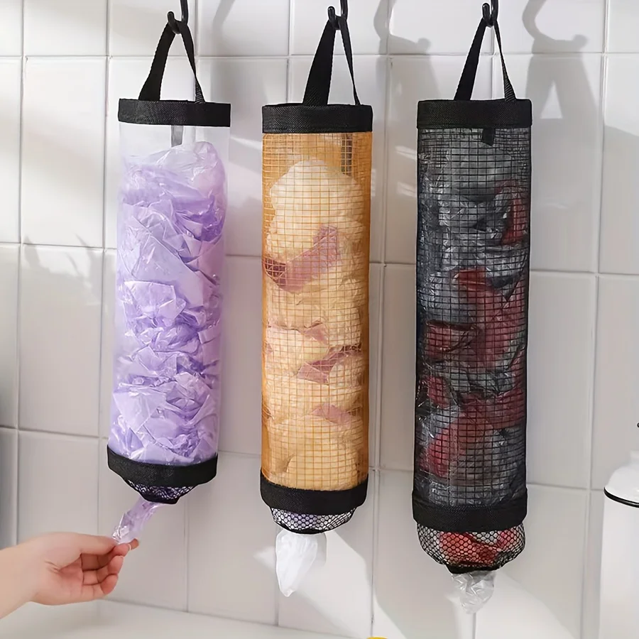 2pcs Wall-Mounted Kitchen Plastic Bag Holder, Foldable Mesh Hanging Dispenser, Reusable Garbage Bag Organizer