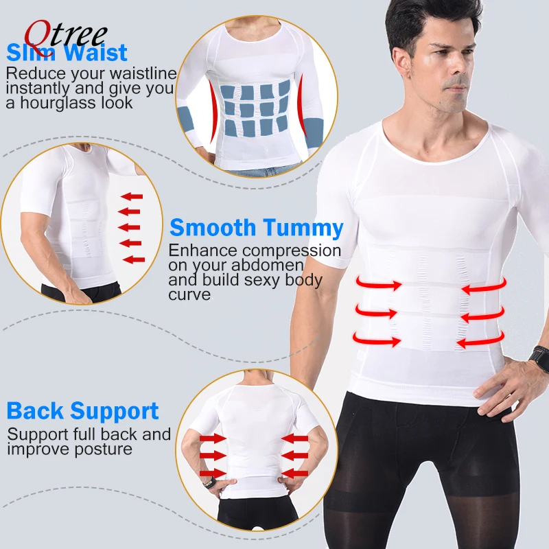 Qtree Men Body Shaper Waist Trainer Tummy Control Compression Shirts Weight Loss Slimming Underwear Seamless Abdomen Fitness