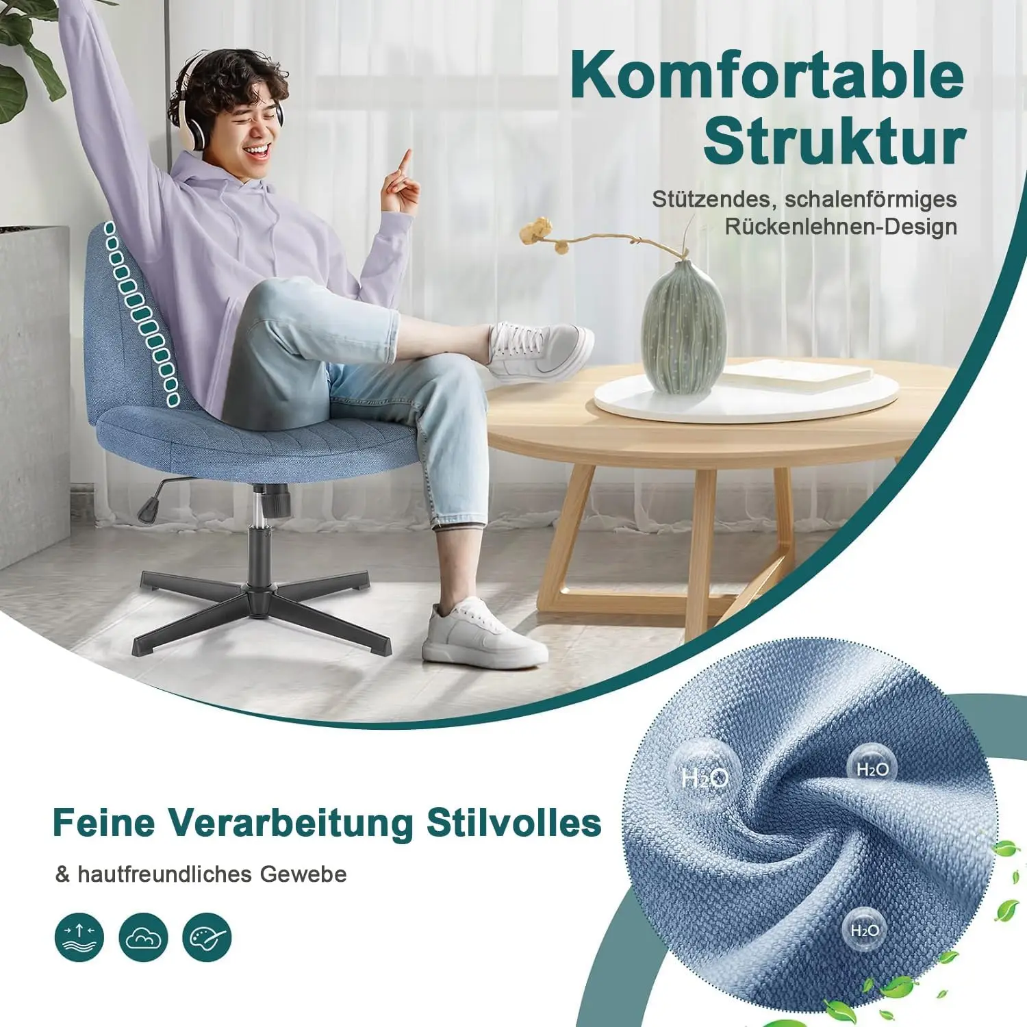 كرسي مكتب متقاطع الأرجل، مقعد عريض بدون ذراع بدون عجلات، دوران حديث لارتفاع المكتب المنزلي قابل للتعديل #6