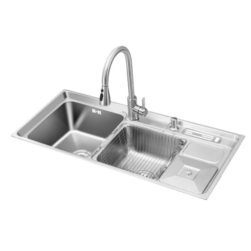 Large Double-sink Integrated Multi-functional Kitchen, Thickened Countertop and Undertop Sink, SUS304 Stainless Steel Sink