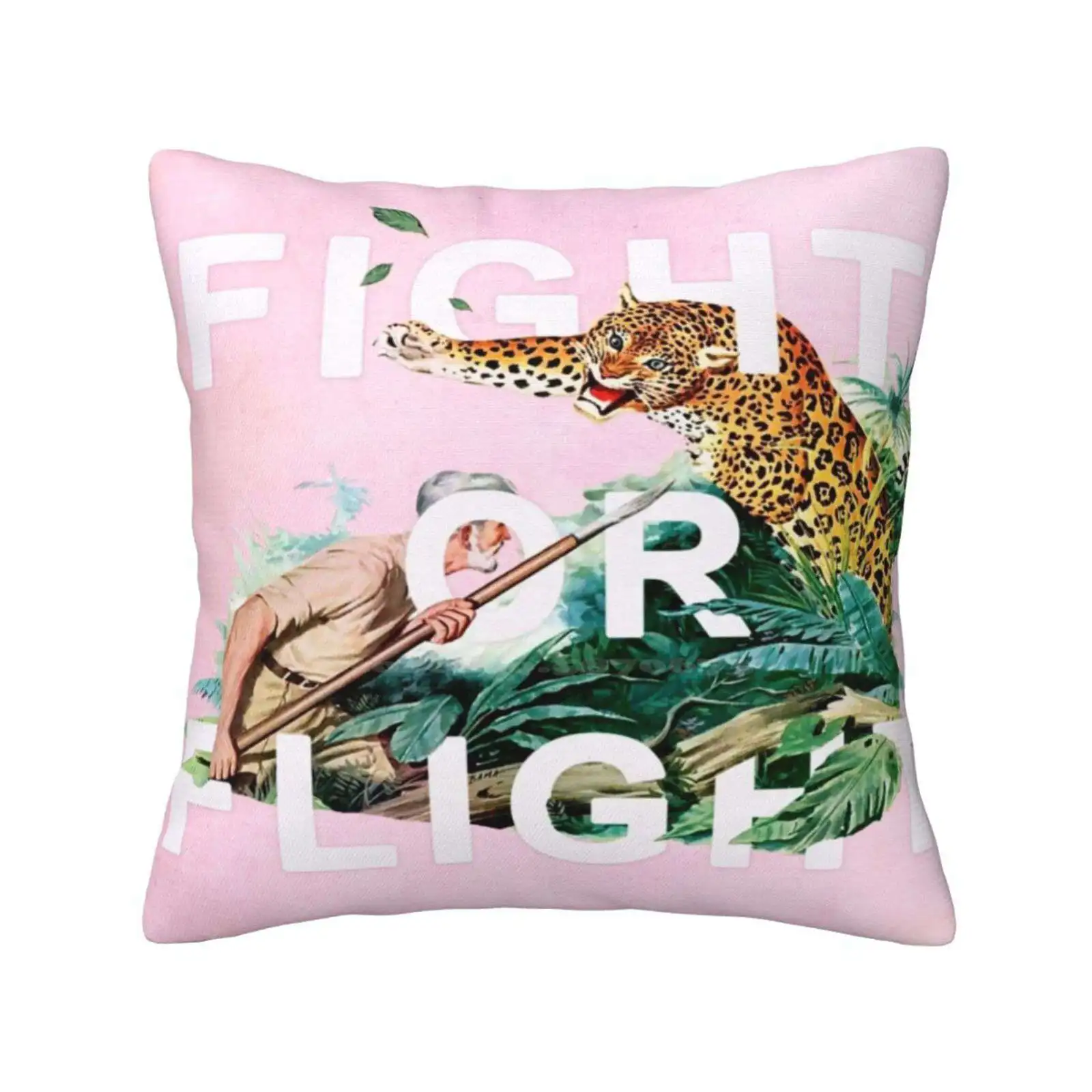 Fight Or Flight Fashion Sofa Throw Pillow Cover Pillowcase Fight Or Flight Action Hunt Jungle Leopard Man Wild Collage Pink