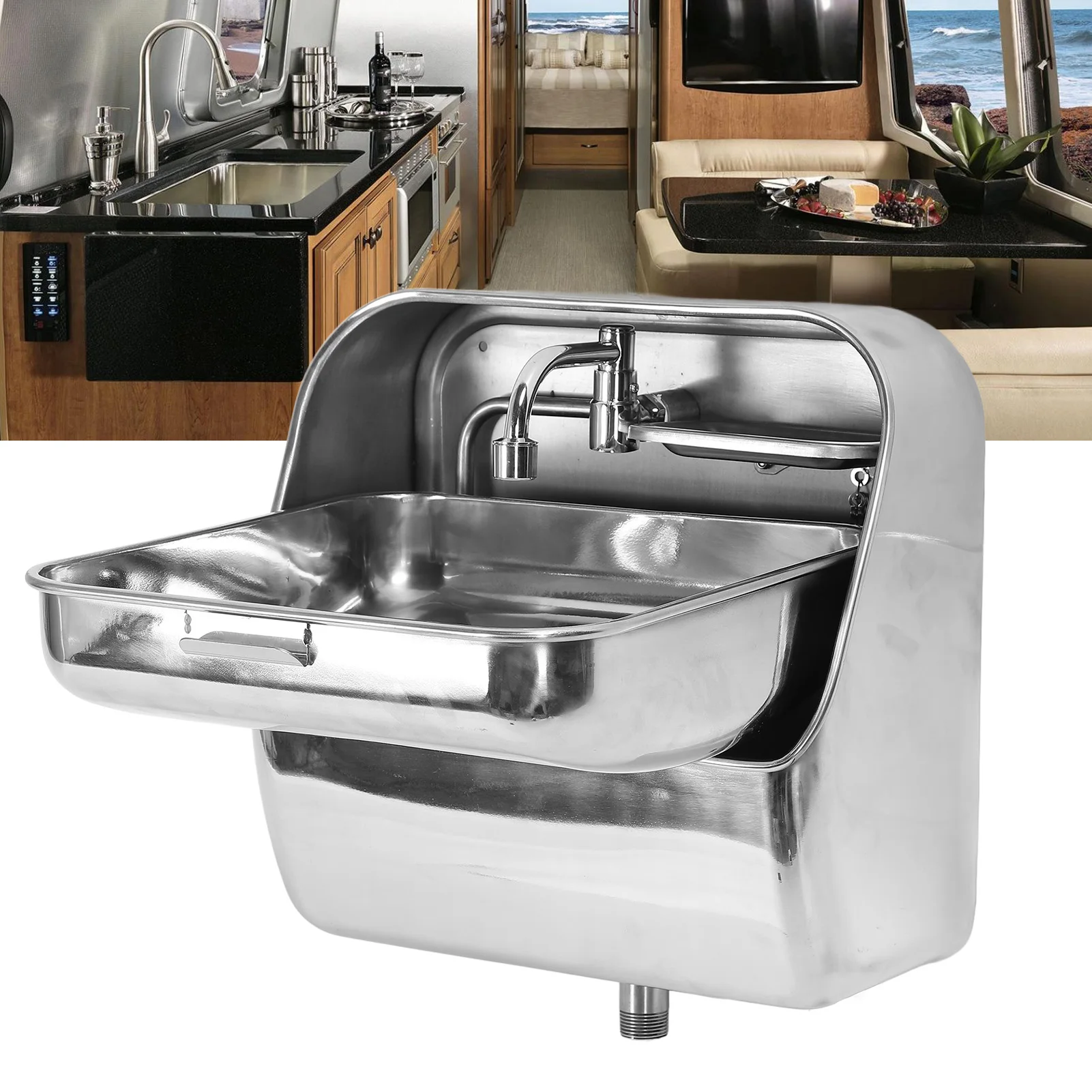 Pia de parede de aço inoxidável 304 com torneira, lavatório suspenso de parede oculto para RV, caminhão de comida, barco, motorhome