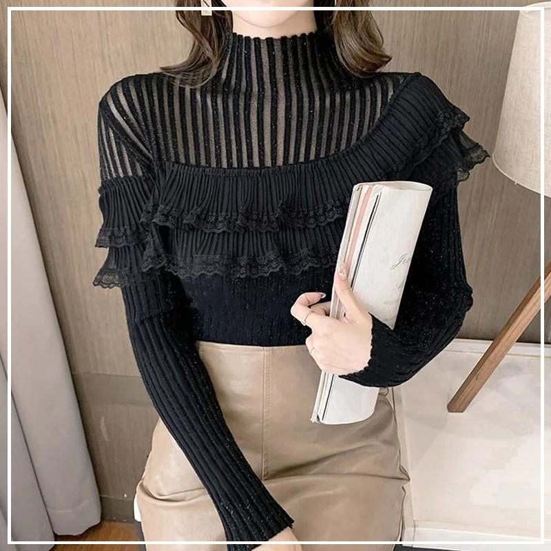 

Korean Version Gauze Net Hollow Out Montage Lace Elegant Fashion Commute Sweater Women's Knitted Base Shirt Autumn Winter 2024