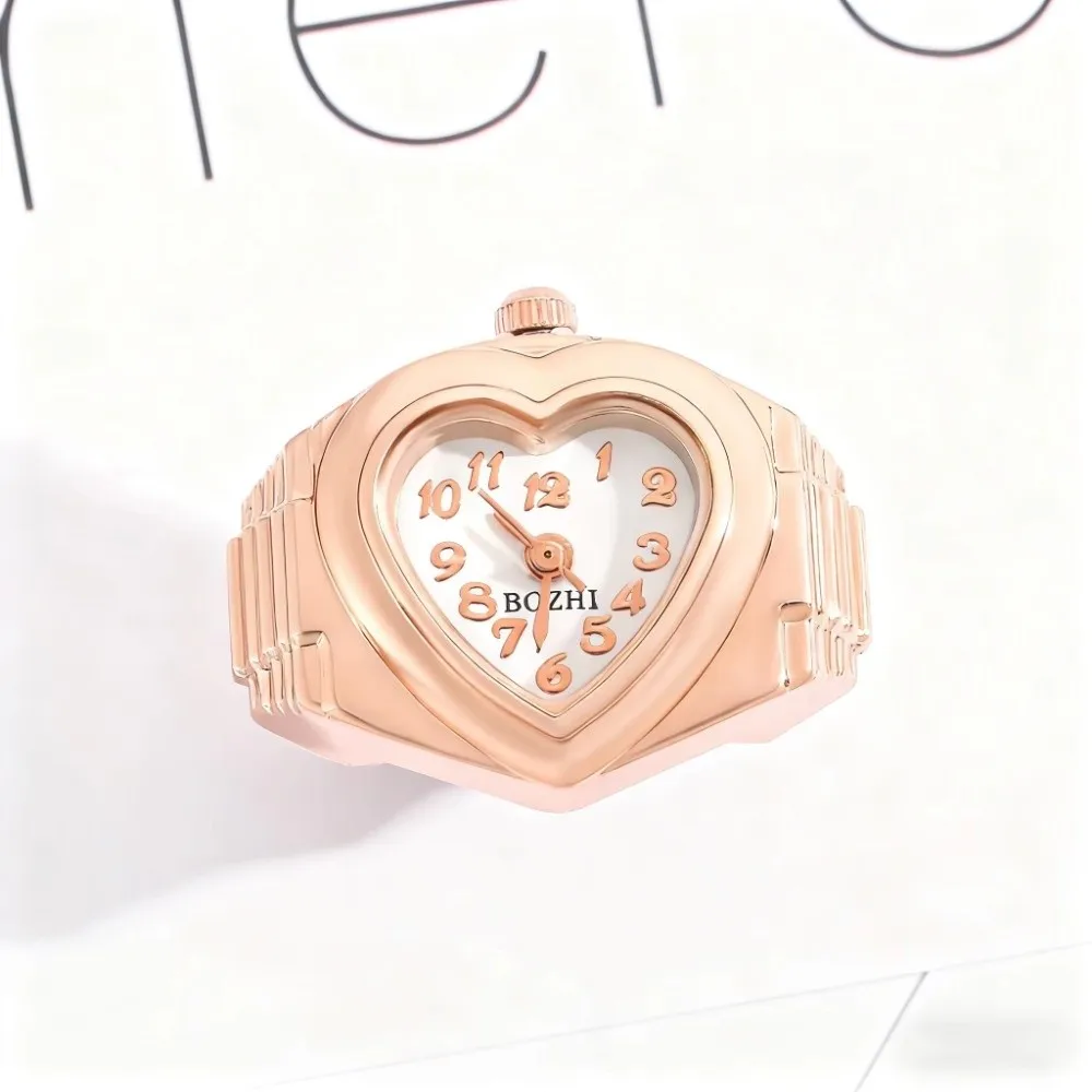 Stainless Steel Mini Finger Watch Adjustable Elastic Strap Mini Clock Ring Watch Quartz Movement Heart Shaped