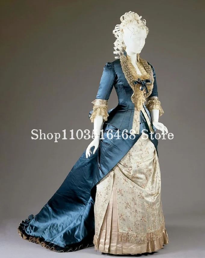 Vintage Victoriaanse galajurk Marineblauw jasje met lange mouwen Kant met trein Renaissance Hof Hertogin Maskerade Aangepaste فسات dh nami