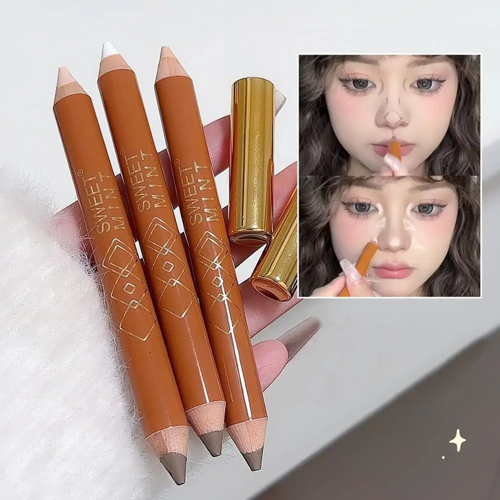 Highlighter kepala ganda, produk Makeup pencerah wajah, korektor Perona hidung 2 IN 1, pensil rias lembut