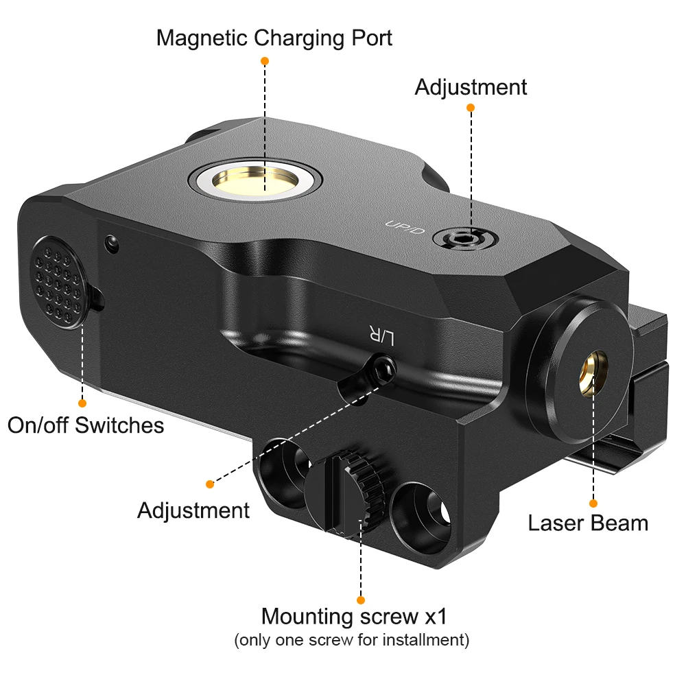 

Красный/зеленый лазерный прицел с магнитной зарядкой 1031. — легкая и не требующая инструментов установки.