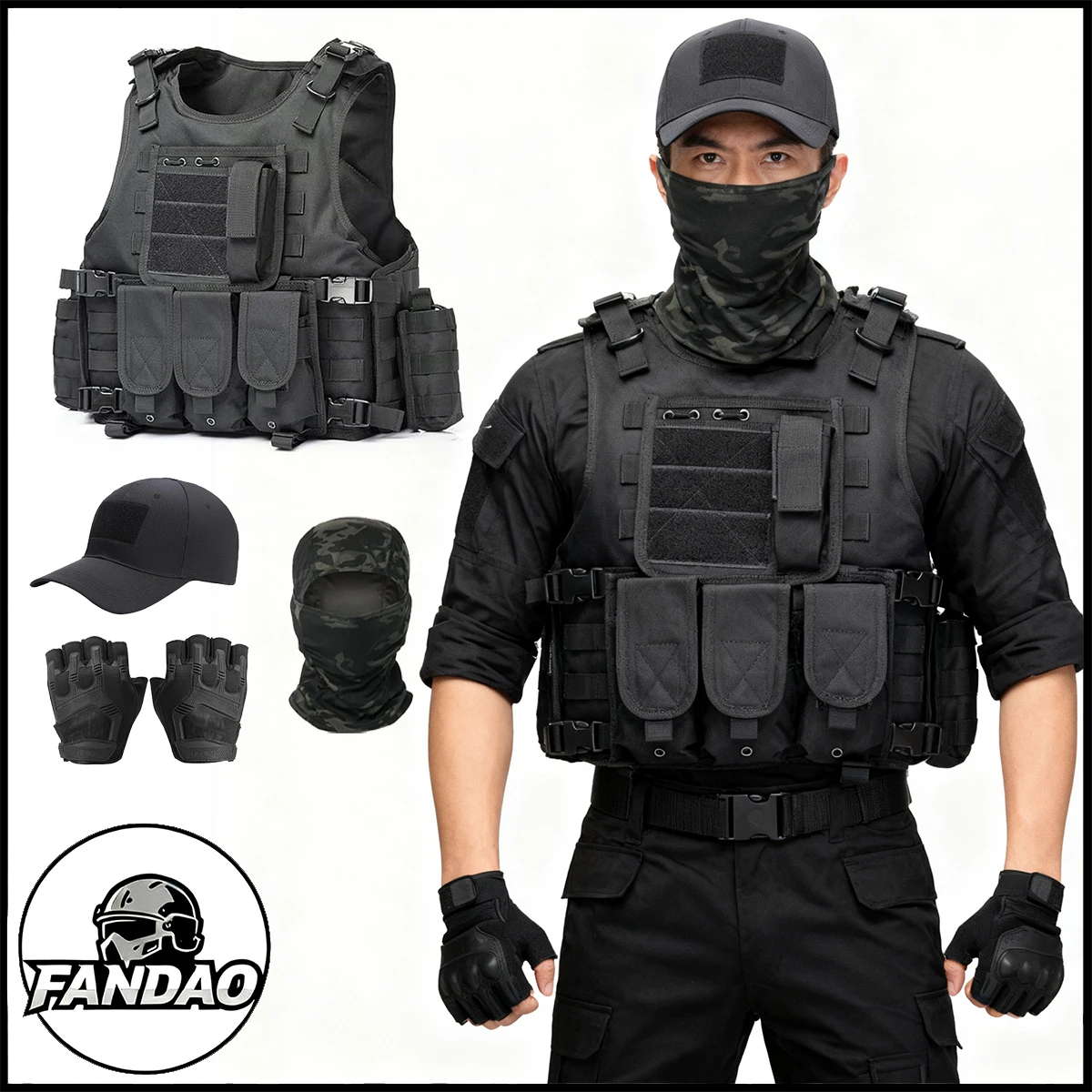 

Men's Molle Tactical Vest Set with Cap Gloves Balaclava Outdoor Hunting Protective Vest for Paintball Airsoft Shooting Training