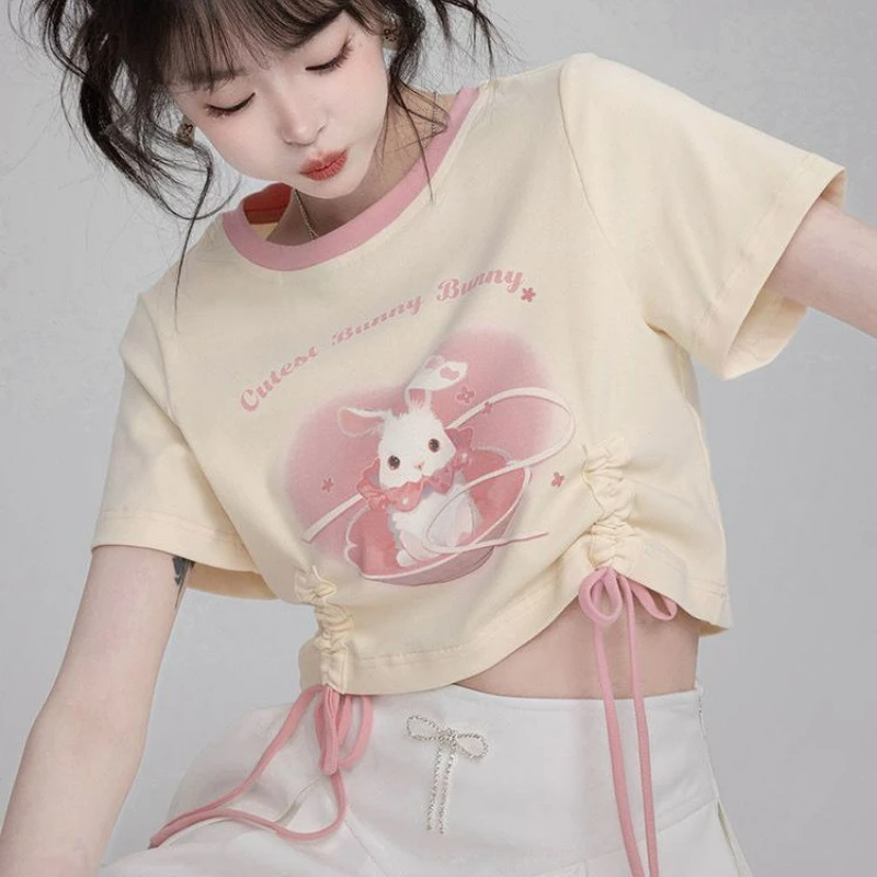 Japanese Sweet Lolita T-Shirts Women Kawaii O Neck Drawstring Design Short Sleeve Crop Tops Girls Y2k Aesthetic Bunny Print Tees