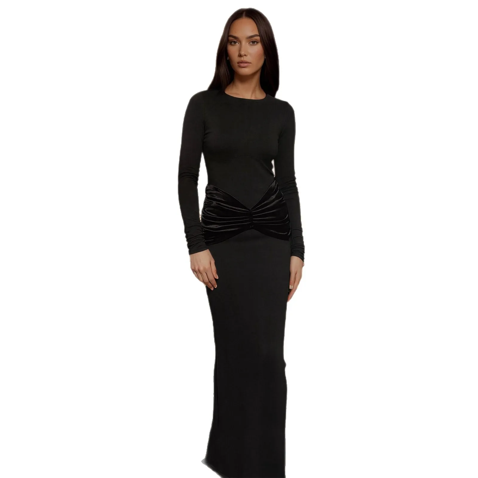 خريف شتاء نمط جديد نسيج البوليستر لون نقي الشاش المألوف الأعمال حفلة تاريخ أنيق كم طويل Bodycon فستان