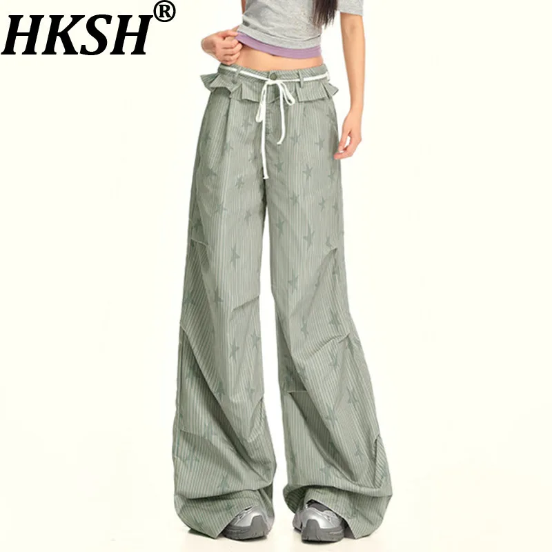 

HKSH Autumn New Women Ins Wide Leg Pants Striped Star Printed Ruffles Quick-Dry Draped Casual Trendy Elegant High Street HK10204