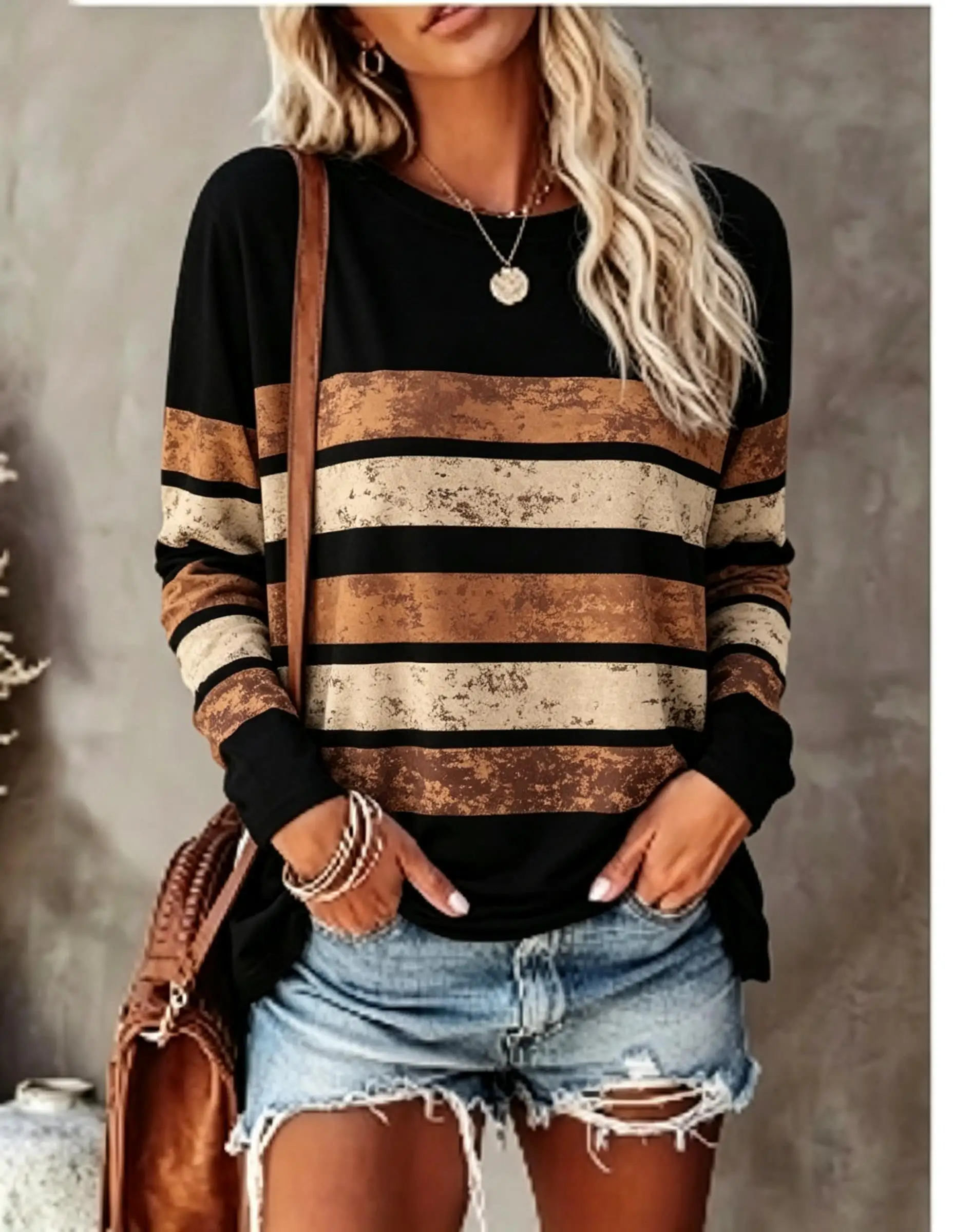 Women Long Sleeve T‑Shirt Vintage Distressed Color Block Stripe Print Crew Neck Casual Fall Tops