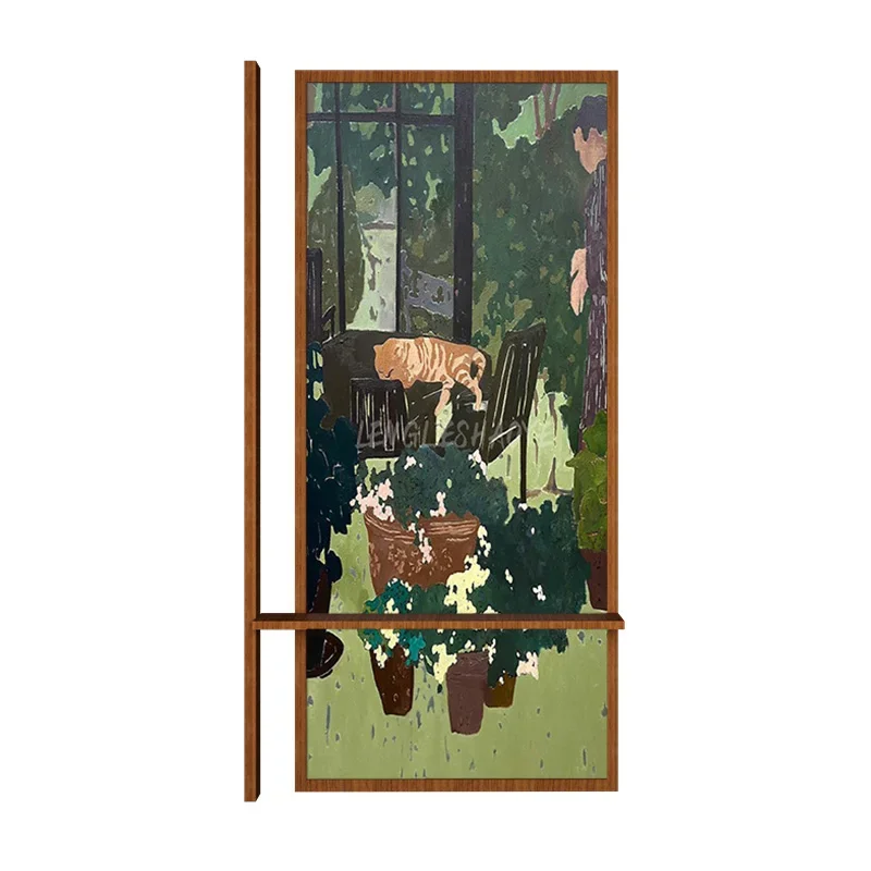 French oil painting cat solid wood screen partition living room entrance blocking bedroom dining room multi-functional home seat