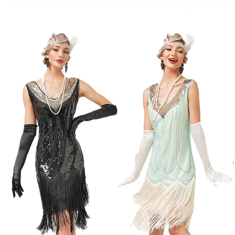 

American Vintage 1920S Vintage V-Neck Tassel Dress Costume Latin Prom Sequin Beaded Dress Festival Play Costume