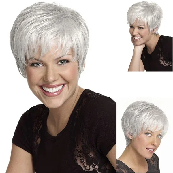 Women\'s Fashion Fluffy Short Synthetic Wigs Ombre Grey Hair Natural Short Straight Hair Wig with Bangs Mommy Daily Wear Peluca