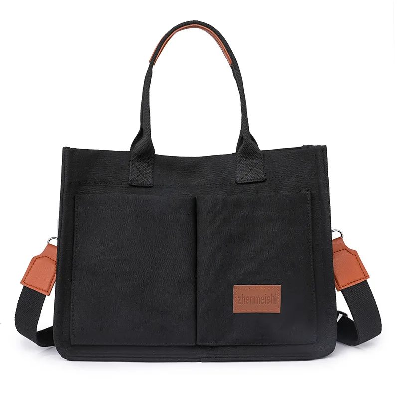 Original Canvas Carrying Briefcase Women\'s Business Commuting Bag Single Shoulder Crossbody Tote Bag Solid Color Student Bag