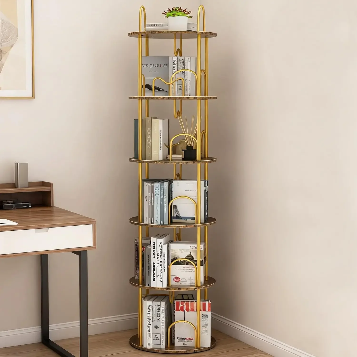 5-Layer rotating bookshelf 360 ° rotating bookshelf tower book display round rotating wooden shelf