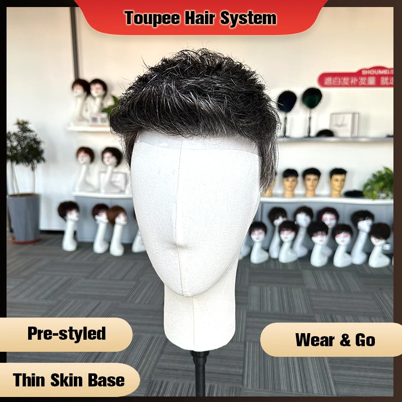 Pre Styled Thin Skin Men Toupee V-Looped Hair Replacement Systems Human Hair Men\'s Wig 1B40 PU Base Wig Hair Piece Protesis Male