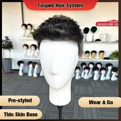 Pre Styled Thin Skin Men Toupee V-Looped Hair Replacement Systems Human Hair Men's Wig 1B40 PU Base Wig Hair Piece Protesis Male