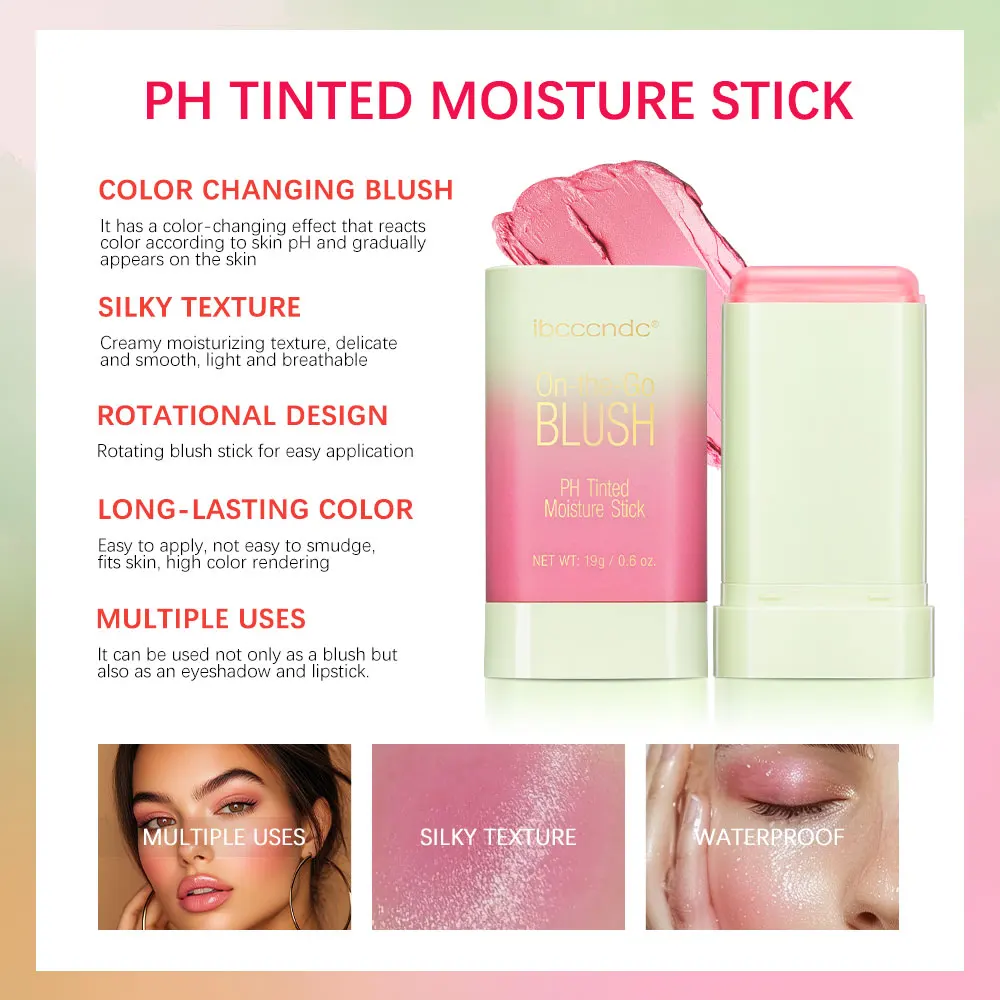 Multi-Use Makeup Blush Stick - Waterproof Tinted Moisturizer for Eyes Lips Cheeks In Shy Pink Ph Color Change