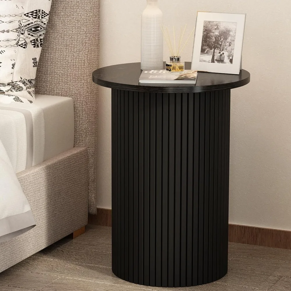 

Round Fluted End Table,Small Accent Pedestal Side Table, Wood Fluted Nightstand Bedside Table for Living Room, Bedroom