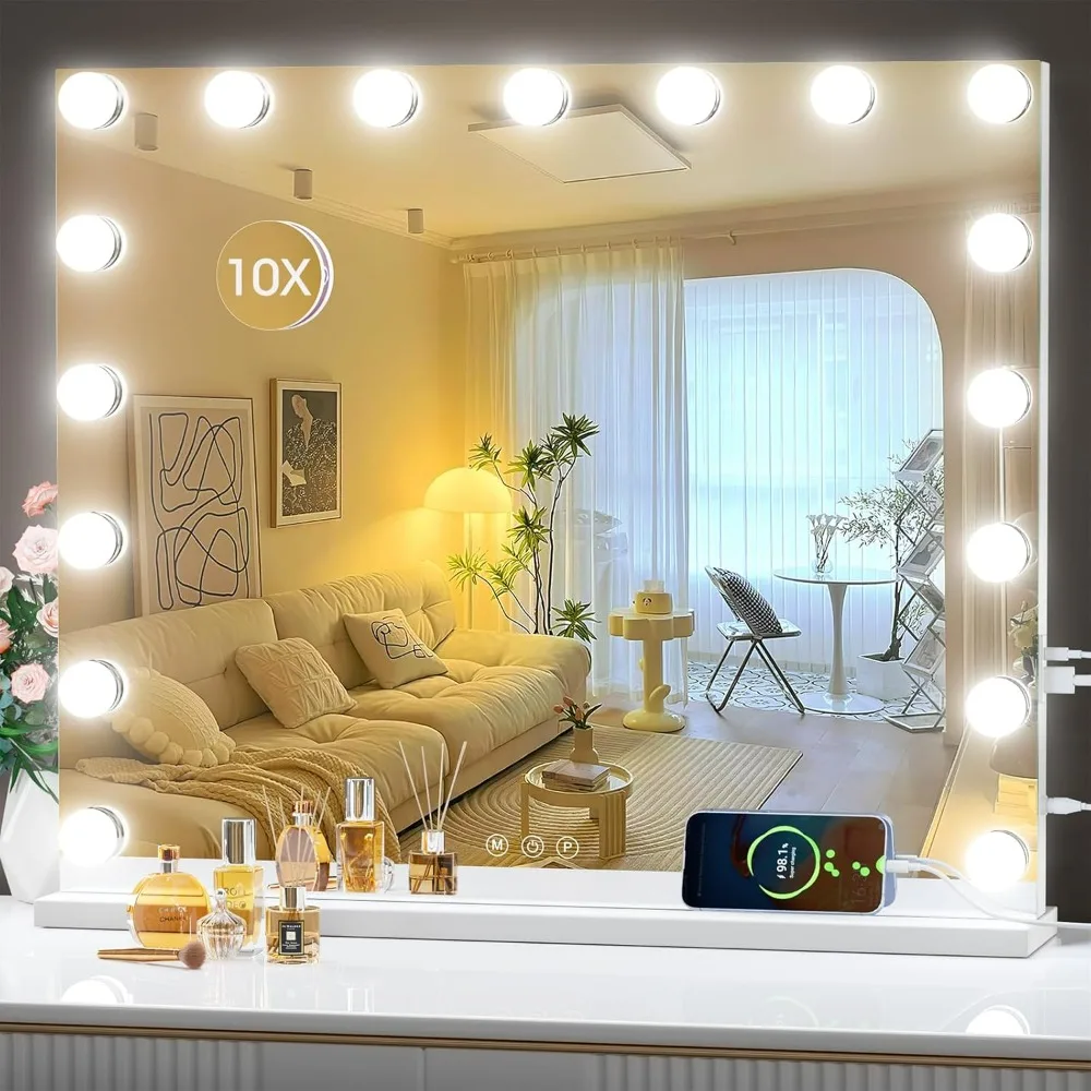 

Vanity Mirror with Lights, 24" X 20", 17 Bulbs and 10X Magnification, 3 Colors Modes, Touch Control, USB Charging Port, Type-C