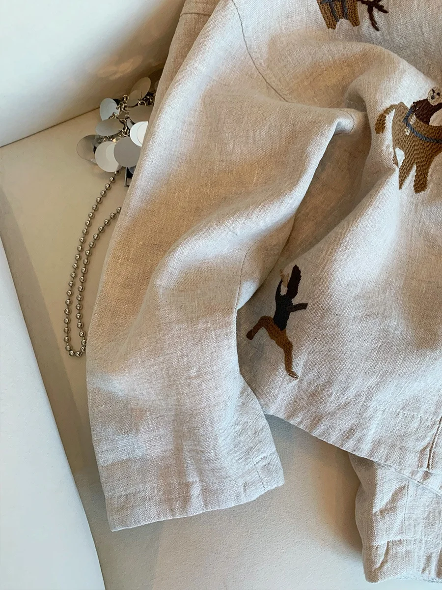 

Льняная куртка с тяжелой вышивкой в стиле ретро, модный осенний топ свободного кроя для мужчин и женщин, универсальное повседневное пальто