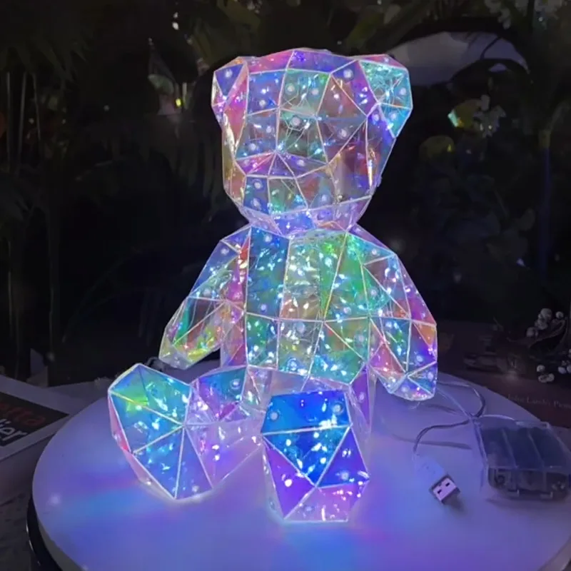 LED Illuminated Bear Lamp Colorful Acrylic Light Up Glowing Teddy Night Light for Kids Girls Birthday Valentine Gift Decor