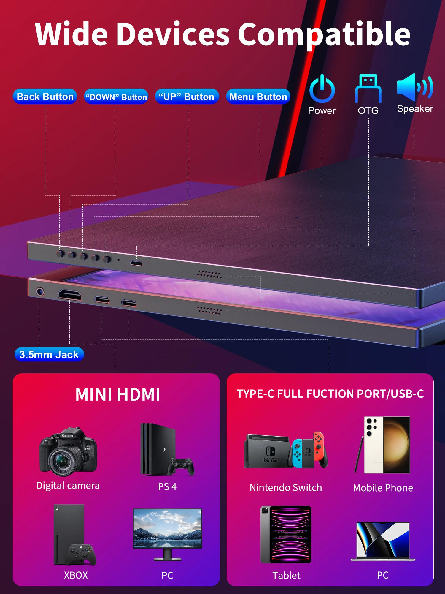 شاشة Amoudo 16 بوصة 2560*1600P 120 هرتز محمولة FHD شاشة كمبيوتر محمول لأجهزة الكمبيوتر المحمول/الكمبيوتر الشخصي/Mac/PS345/X-bo شاشة موسع