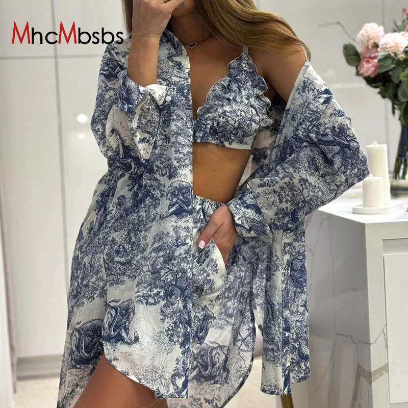 

Fashion Loose Print 3 Piece Sets Women Outfits 2024 Elegant Long Sleeve Shirt + Bra With High Waist Shorts Set Streetwear
