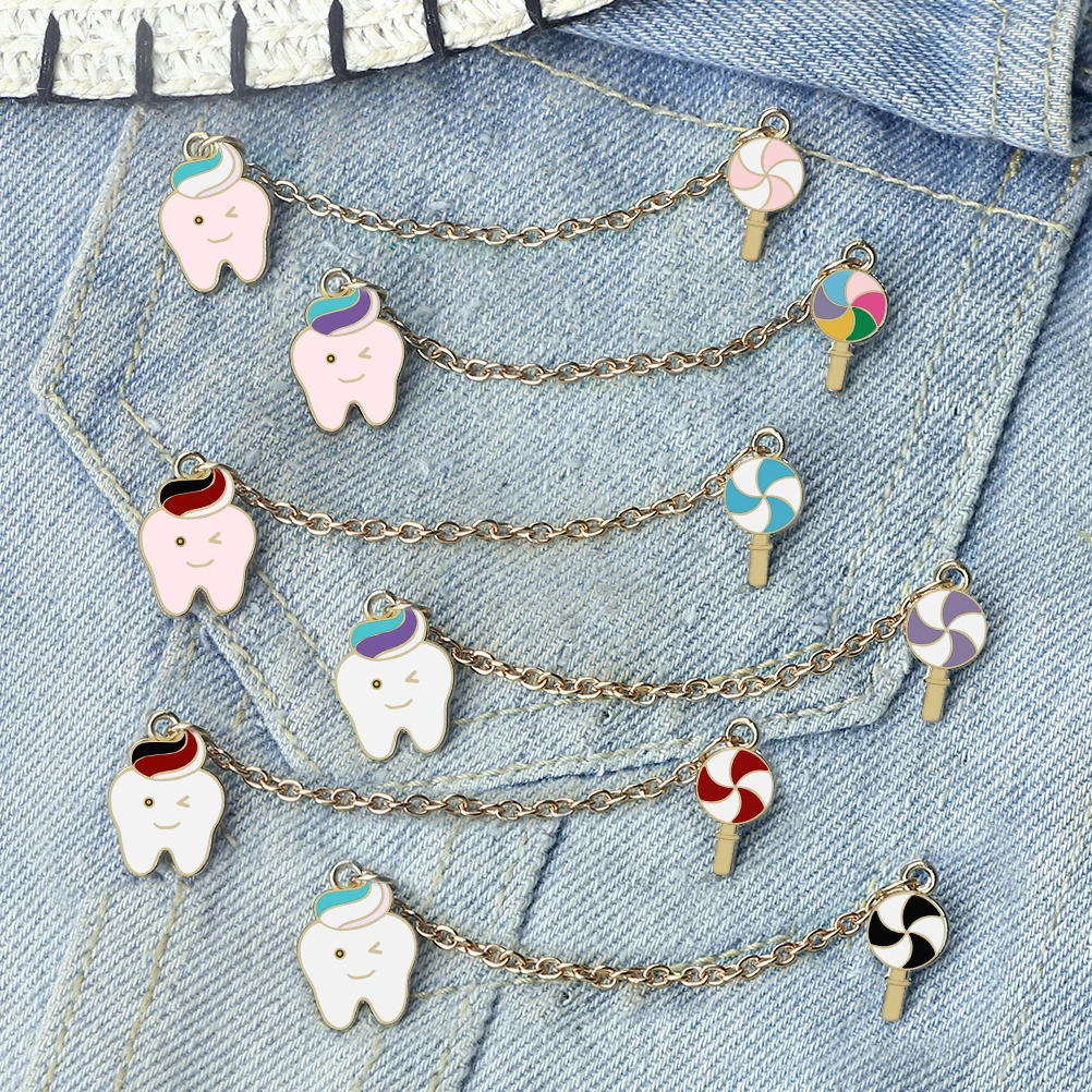 Healthy Teeth Toothpaste Brooches for Kids Cartoon Mini Lollipop Chain Enamel Creative Bag Jacket Badge Lapel Pins Jewelry Gifts