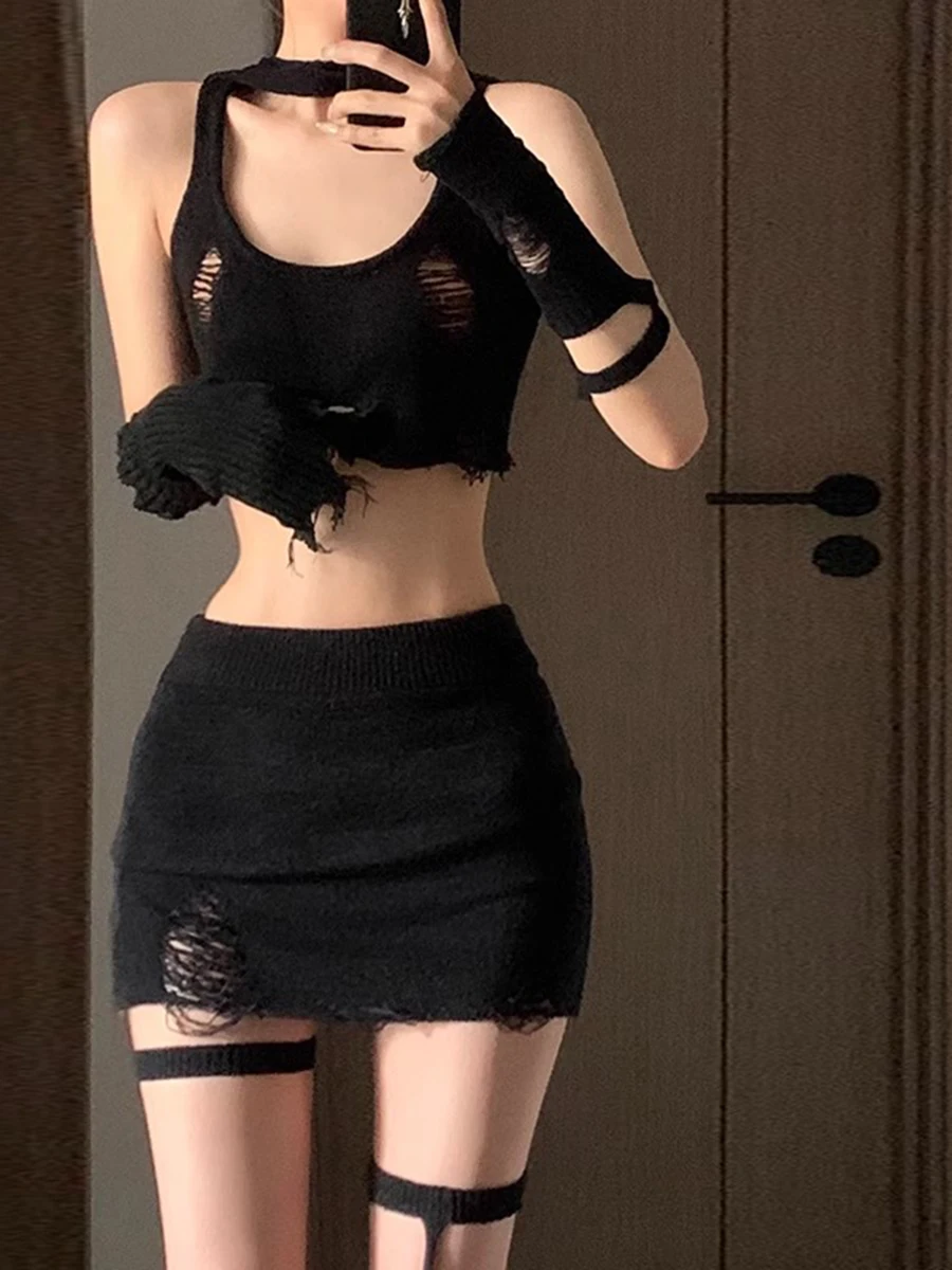 Bla Sexy Spicy Girl Design rotondo Ne Svel Strap Top Gonna a vita alta Set da due pezzi Completo estivo Faion da donna