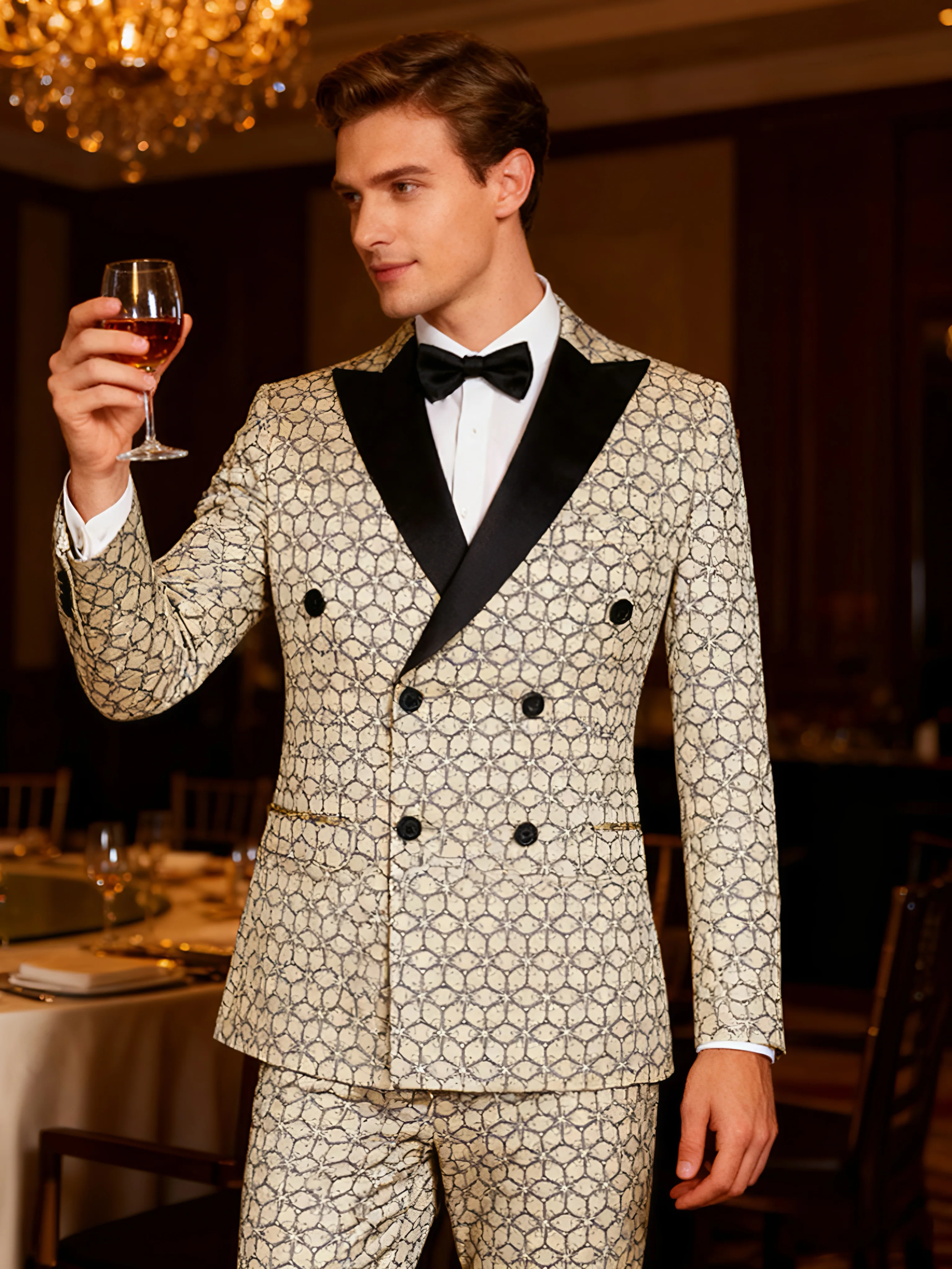 

Мужской жаккардовый комплект из двух предметов, двубортный пиджак, длинные брюки, комплект, повседневный свадебный повседневный деловой костюм