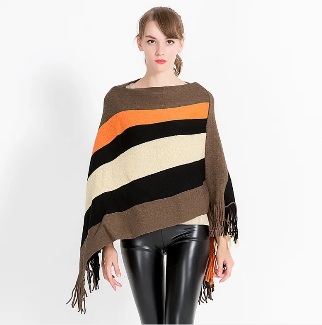 

Autumn Winter New Knitted Pullover Cloak Shawl Women's Fashion Stripe European American Women's Scarf Girl Outdoor Yellow