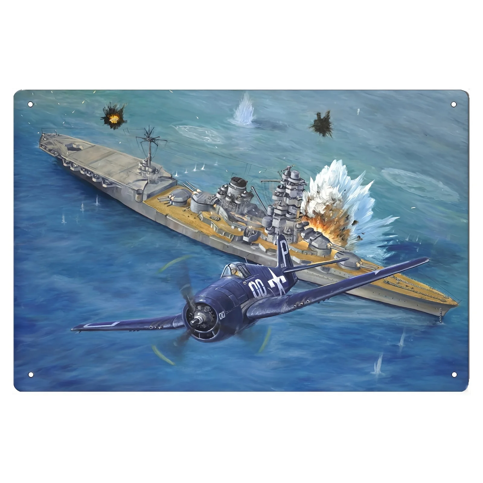 Vintage WWII-Inspired Metal Tin Sign, 12x987  - Durable & Sturdy, Handcrafted Decor with Detailed WWII Airplane & Ship Design -