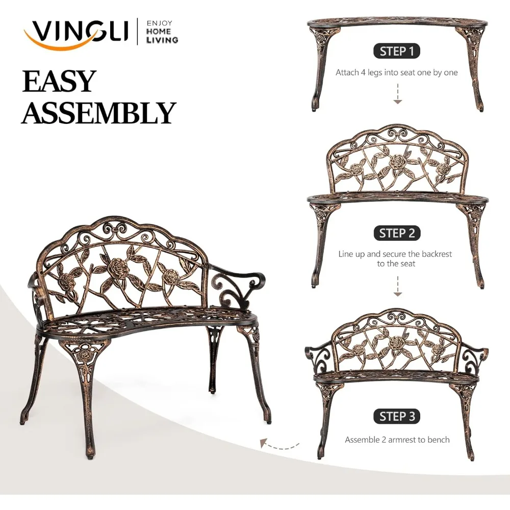 مقعد وردي معدني خارجي من Patio Park Garden، كرسي بلمسة نهائية عتيقة بإطار من الألومنيوم المصبوب من الحديد الزهر،